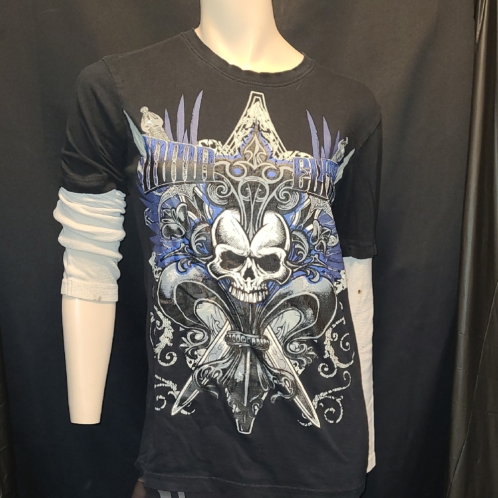 "MMA Elite" double-layer grunge long-sleeve tee featuring a skull